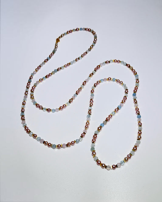 Mini Vivid Round Pearl Necklace with Morganite - Gold