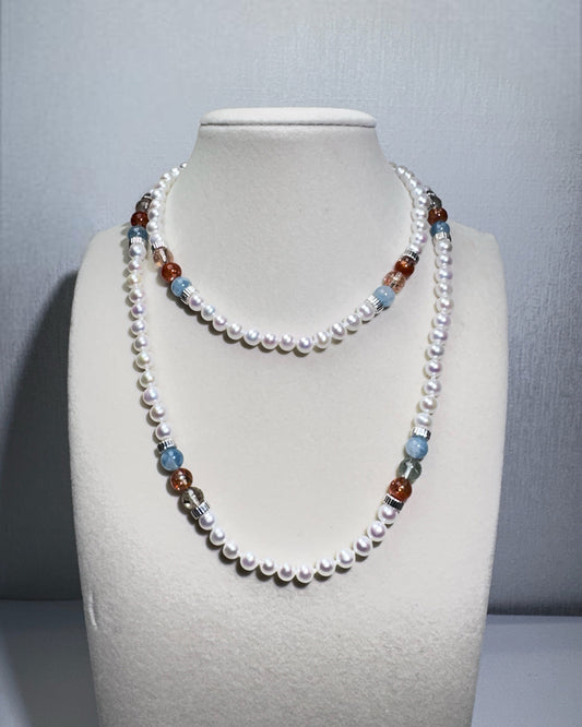 AK Pearl, Arusha Sunstone, Aquamarine in Quartz Necklace - Silver