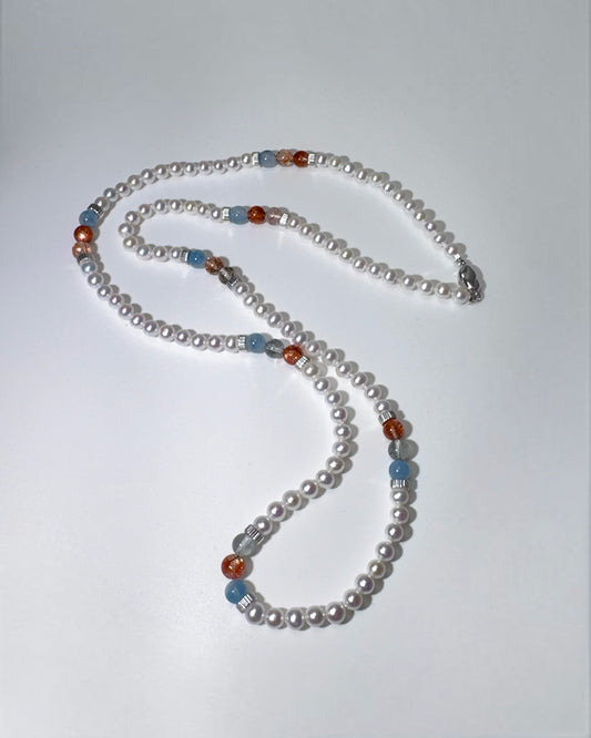 AK Pearl, Arusha Sunstone, Aquamarine in Quartz Necklace - Silver