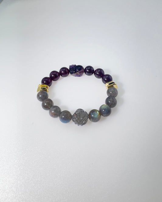 Star Garnet, Labradorite & Carved 9 Tail Foxy & Auralite 23 Pixiu - Fortune in Motion