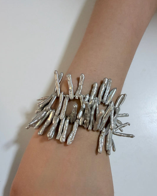 Tidal Stix Silver Pearl Wrap Fringe Bracelet